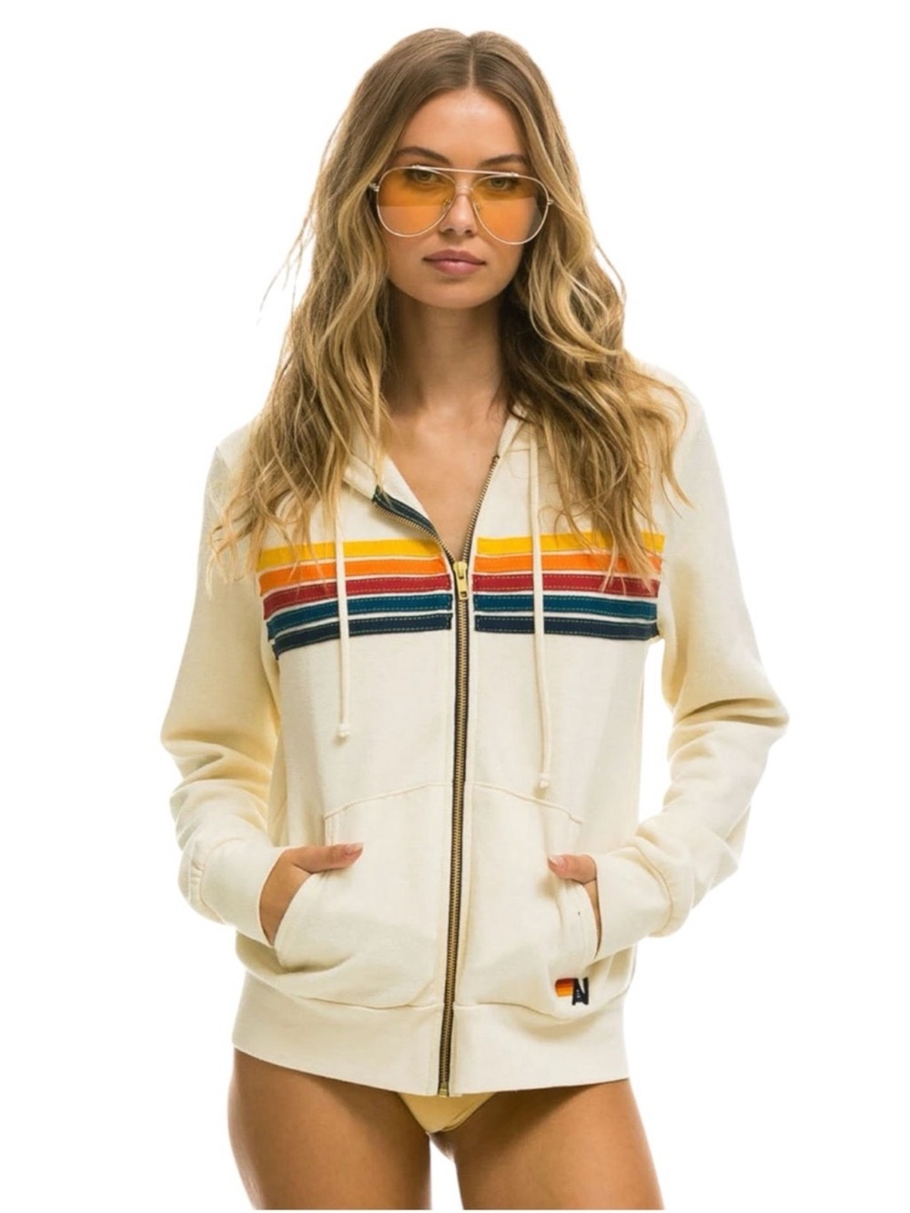 Aviator Nation 5 Stripe Zip Hoodie in Vintage White Size S